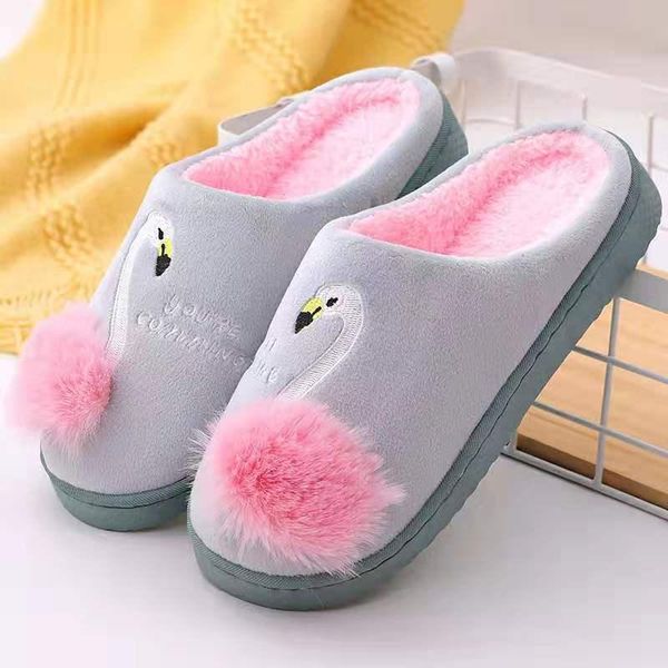 

winter women cotton slippers lovely home cartoon flamingo indoor warm female non slip woman slipper, Black