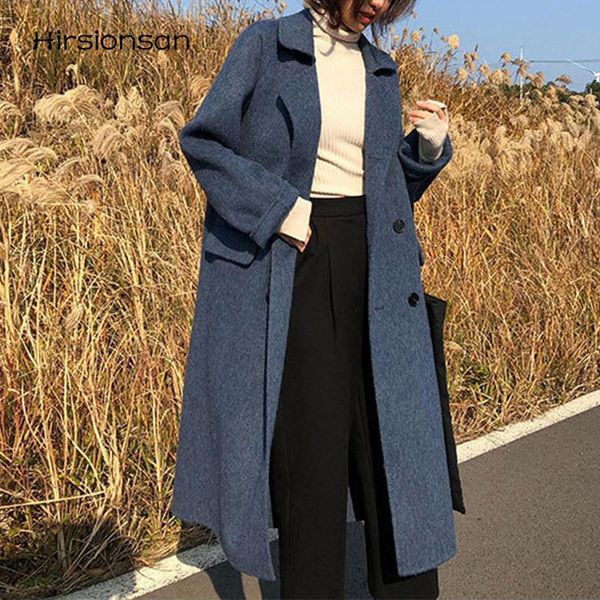 

women's wool & blends hirsionsan over-the-knee long woolen coat women fashion lapel solid plus size winter female mid-length office lad, Black