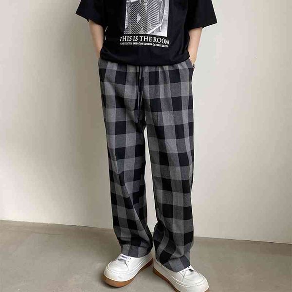 

men's pants korean wide-leg fashion hit color retro casual men streetwear loose straight plaid mens trousers m-xl 5kl5, Black