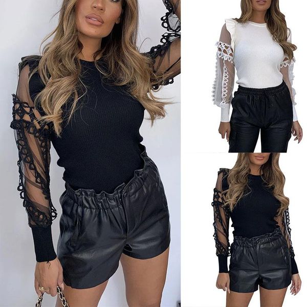 

women's blouses & shirts fashion autumn women t-shirts mesh patchwork design lace ruffles decor see through o-neck hollow out round nec, White