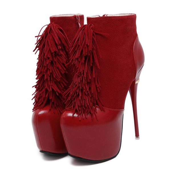 

lucyever stiletto heels platform tassel women's short boots autumn winter fashion 16cm super high ankle female shoes, Black
