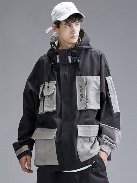 

men letter & paisley print drawstring hooded jacket h2qh#, Black;brown