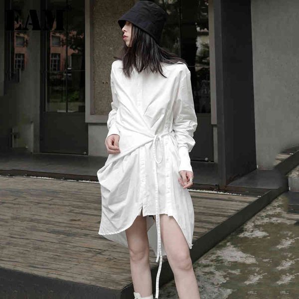 

[eam] women white big size pleated sashes slit dress lapel long sleeve loose fit fashion spring autumn 1dd7178 21512, Black;gray