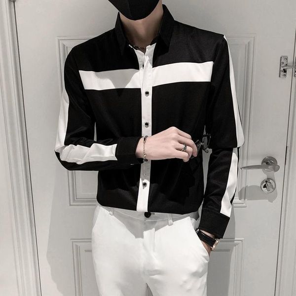 

men's casual shirts 2021 fashion men shirt contrast lines stitching long sleeve polyester spandex material turn down collar young, White;black