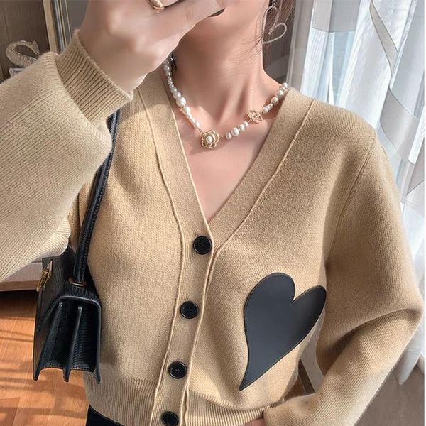 

women's knits & tees women heart printed v-neck sweaters causal loose cardigan korean style 2021 arrival girls khaki cotton clothing, White