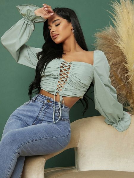 

sxy flounce sleeve lace up blouse i6u9#, White