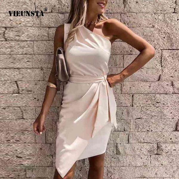 

vieunsta new summer dress elegant women irregular off shoulder party dresses 2021 lady sleeveless slanted shoulder spring dress x0521, Black;gray