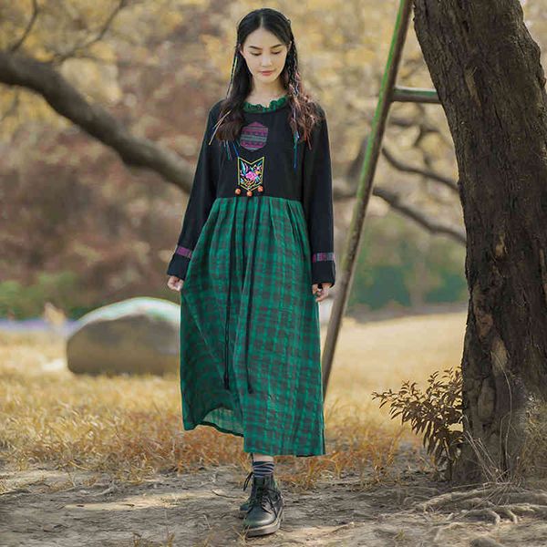 Johchature Women Vintage ricamo abiti arruffati plaid verde cotone lino autunno patchwork stile cinese vestito femminile 210521