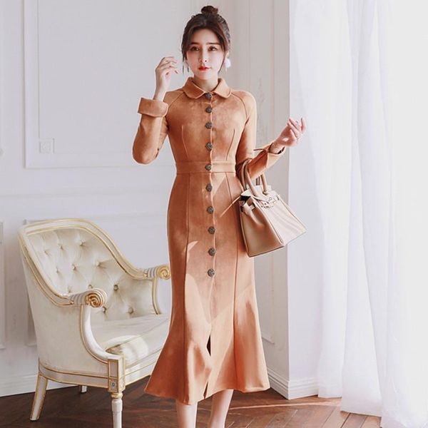 

casual dresses single-breasted suede dress women solid elegant womens long sleeve winter ladies vestidos femininos robe, Black;gray