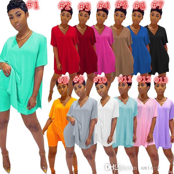 

summer women two pieces pants set fashion casual solid color v-neck dress split loose t shirt plus size shorts tracksuits jogger suits s-xxx, White