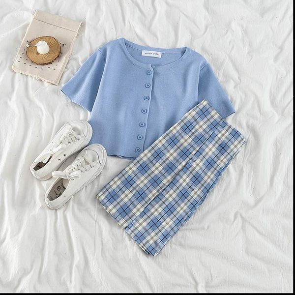 

girls plaid skirt two piece] womens pants summer high waist slim short button navel a line, White