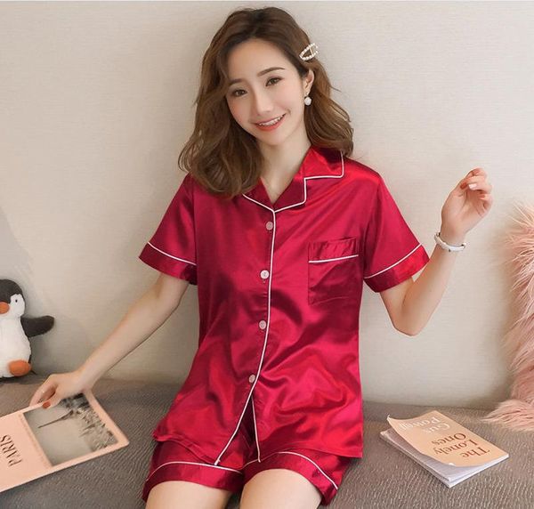 

summer women's pajamas casual thin large size short-sleeved imitation silk homewear two-piece ice sleepwear set, Black;red