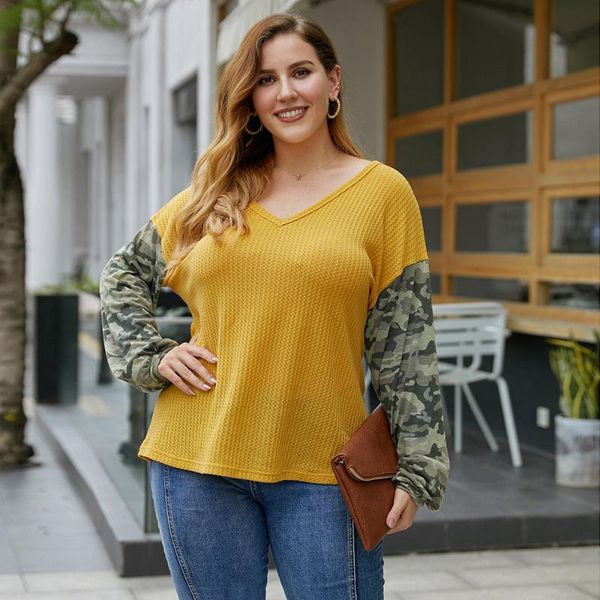 

plus size t-shirt women's 2021 autumn v neck stitching camouflage causal for ladies match oversized blouses 4xl, Black