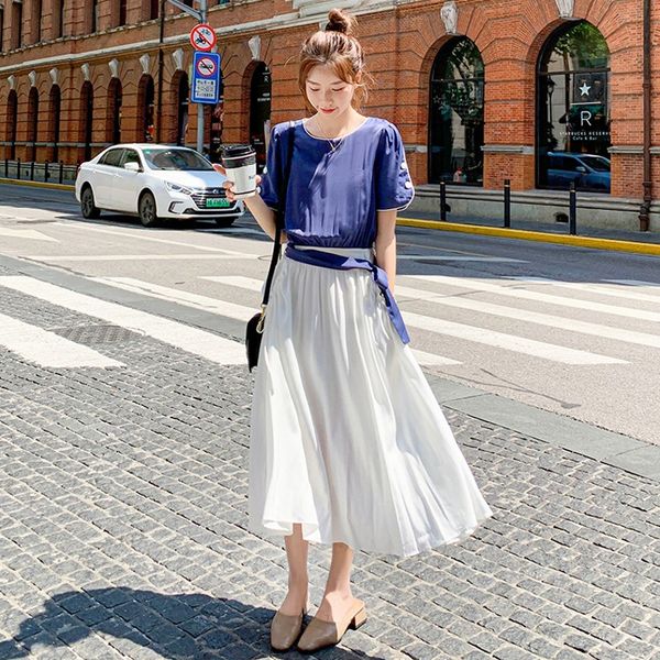 

korean women summer sweet girl cute hit color fake two piece patchwork short sleeve sashes lace-up a line casual dresses 210514, Black;gray