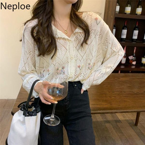 

women's knits & tees neploe embroidery cardigan women hollow out summer sweet long sleeve knitted korean fashion sun protection thin s, White