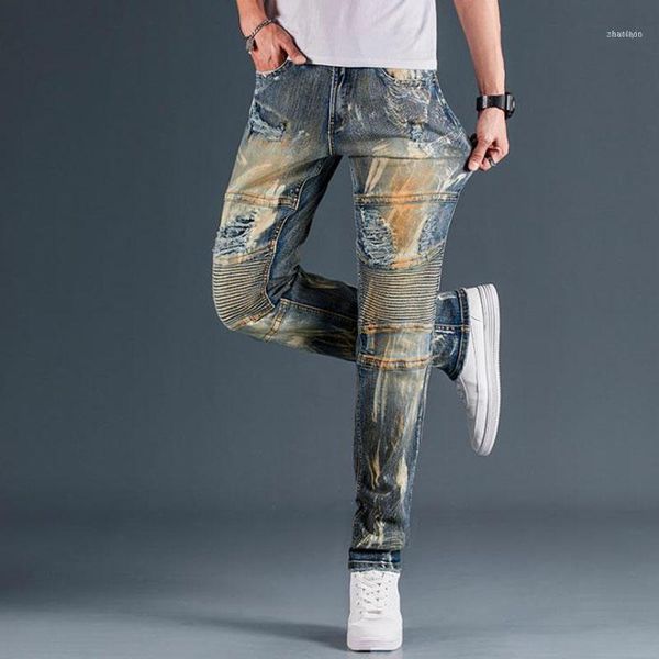 

arrivl men's bike moto jeans stretch straight oversize spring autumn winter hip hop punk streetwear hombre denim pants1, Blue