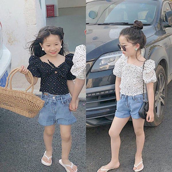

clothing sets girls' suit polka dot puff sleeve crimped and denim shorts 2021 summer, White