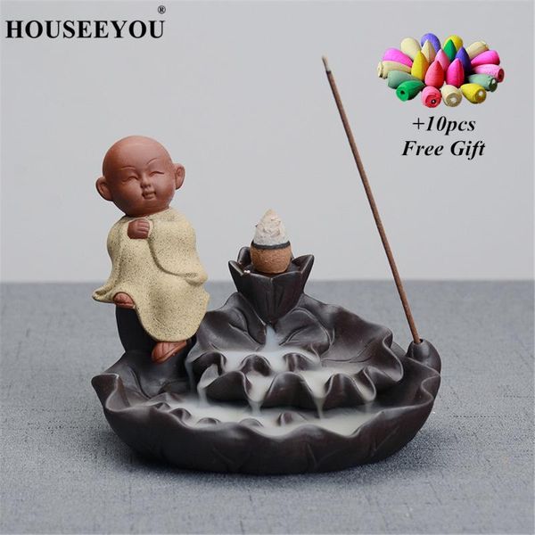 

fragrance lamps 10pcs waterfall cones + the little monk incense burner lotus base aroma censer home decor small buddha holder backflow