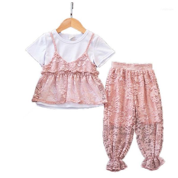 

clothing sets girls' summer set short sleeve t-shirt + pants 2-piece children's1, White