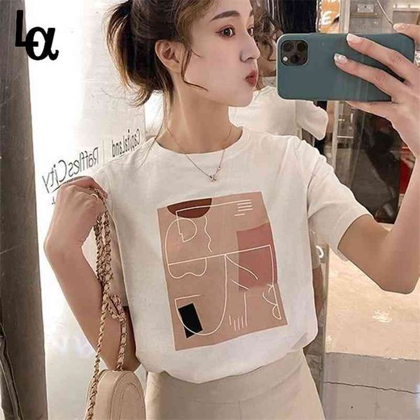 

simple harajuku cotton t-shirt women short sleeve student half summer loose preppy style tees ins 210519, White