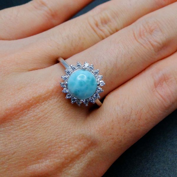 Natural Dominica Larimar Ring 925 Стерлинговые Серебряные Украшения Стерлингового Серебра Круглый 8 мм Ларимар Камень Камень CBUIC Обручальные кольца 210524