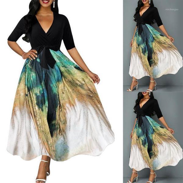 

casual dresses patchwork ruffle women maxi dress for office business summer half sleeve work wear ladies a-line v neck formal d30, Black;gray