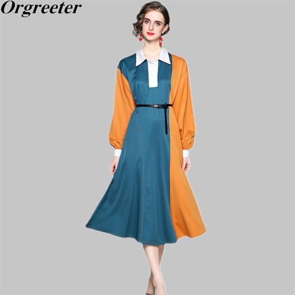 

elegant color block patchwork midi dress robe female spring lapel solid batwing sleeve loose shirt with belt 210602, Black;gray