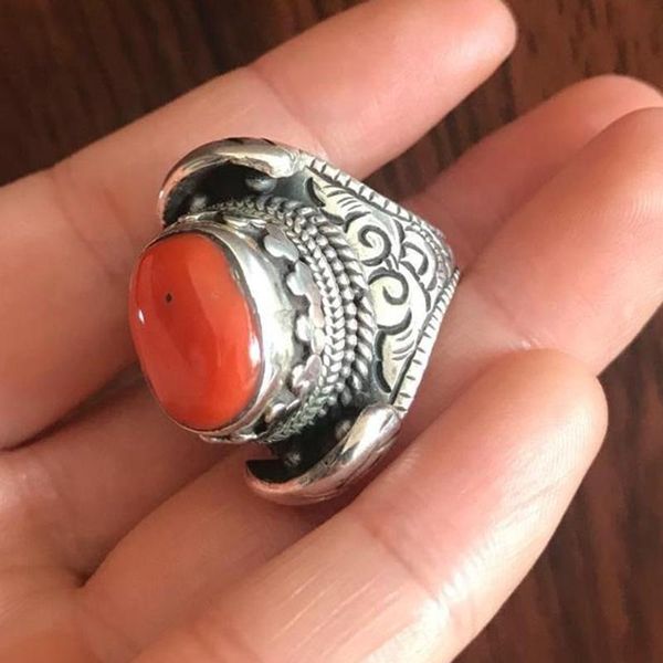 

cluster rings original vintage silver inlaid southern red tourmaline oval convex ring opening adjustable men and women ethnic style jewelry, Golden;silver
