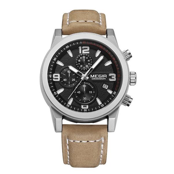 

wristwatches megir 2026 men casual sports watch fashion multifunctional chronograph leather quartz waterproof mens business, Slivery;brown