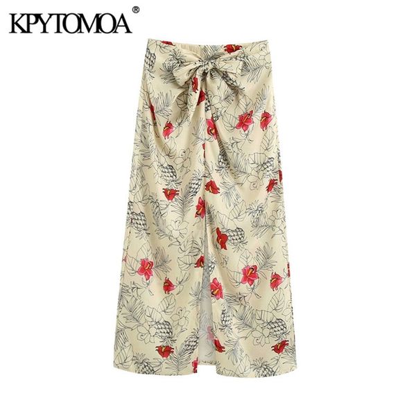 

women chic fashion with bow tied floral print midi skirt vintage high waist side zipper slit female skirts mujer 210420, Black
