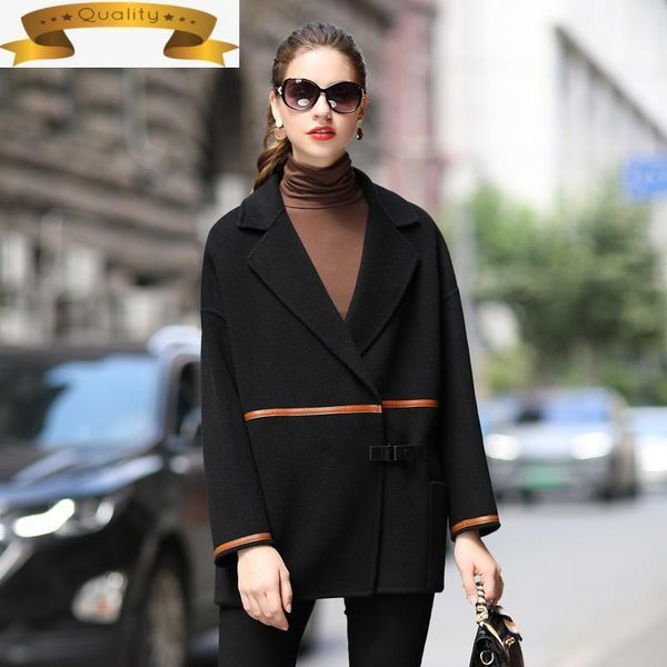 

women's wool & blends coat women 100% autumn fashion female jacket oversized korean coats double-sided woolen cloth menteau femme 2021, Black