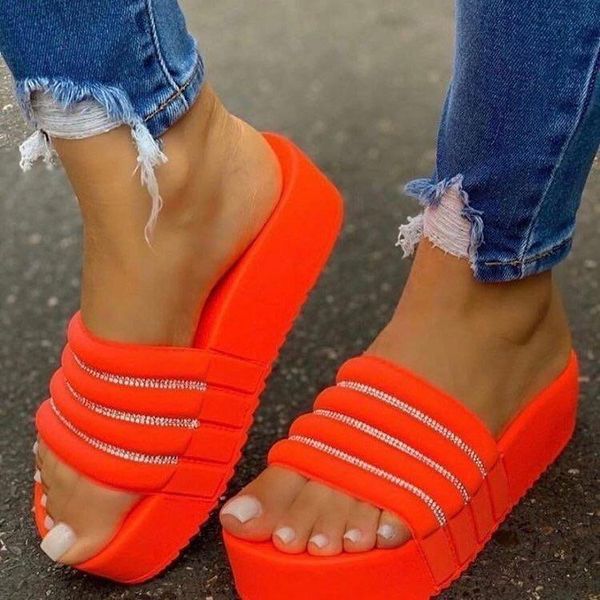 

slippers women's ladies non slip open toe crystal platform flat shoes woman comfort casual fashion female, Black