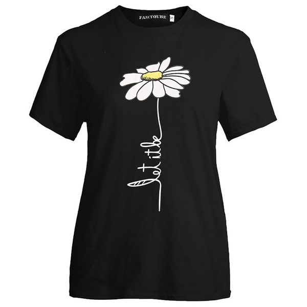 

summer let it daisy print women t shirt casual short sleeve o-neck t-shirt fashion black tee women's, White