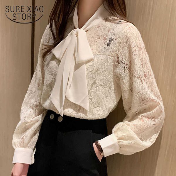 

autumn and winter korean fashion bow tie women lace shirt female casual blouse lantern sleeve blusas mujer de moda 10566 210528, White