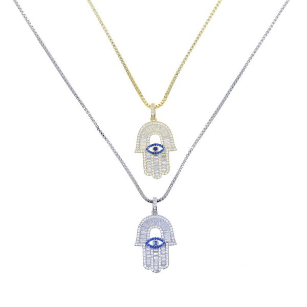 

chains wholesale arrive turkish hamsa hand pendant for women iced out bling baguette clear blue cubic zirconia box chain necklace, Silver