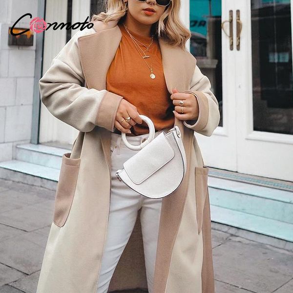 

women's wool & blends conmoto office lady camel autumn winter women outwear warm long sleeve split coat high street fashion lace up fem, Black