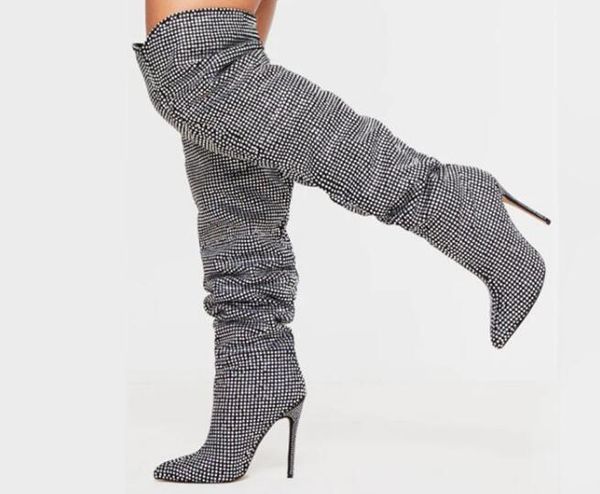 

winter bling sliver full rhinestone crystal pleated over the knee boots woman pointed toe stiletto heels party dance botas shoes, Black