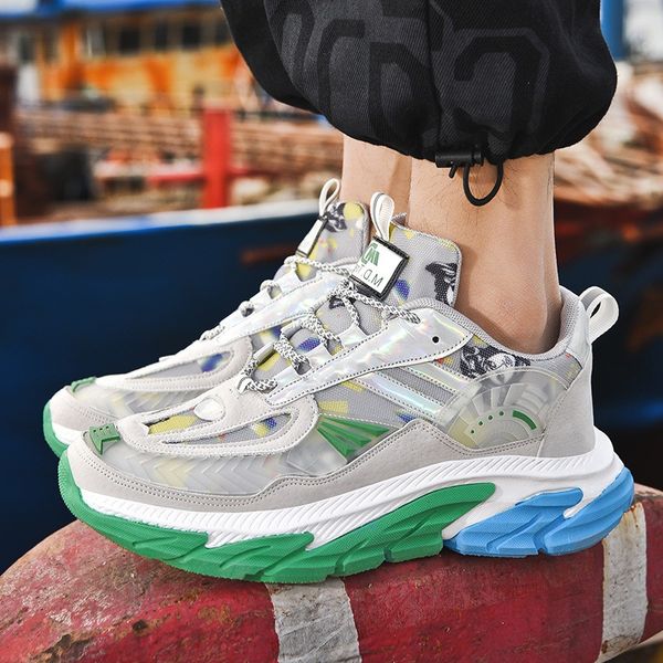 

464748 size spring foreign trade plus size trend mens shoes luminous reflective korean casual platform dad shoes flying woven breathable bas, Black;white