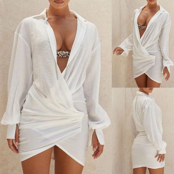 

men's casual shirts women long sleeve lapel deep v-neck mini shirt dress cross wrap front ruched irregular hem linen white blouse stree, White;black