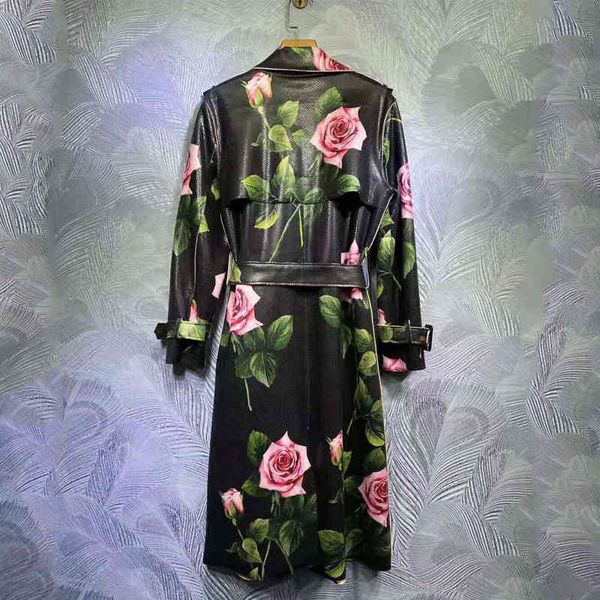 

seqinyy long trench coat 2021 spring new fashion design female runway pink flowers print elegant loose belt, Black;gray