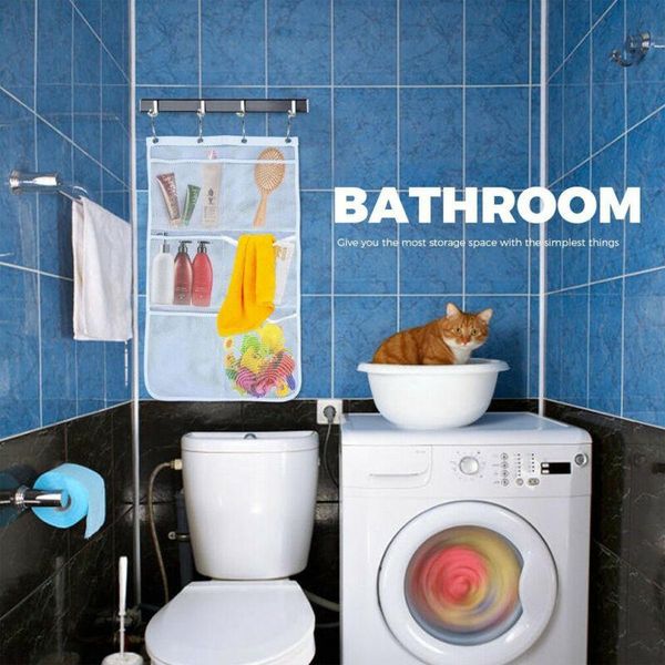 

storage bags 7 pockets home organizer hang on shower curtain rod/liner hooks mesh bathroom hanging caddy bath