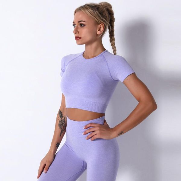 

seamless women yoga set workout sportswear 2 piece gym fitness short sleeve crop high waist leggings sports suits outfit