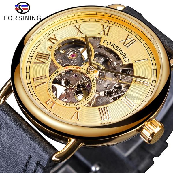 

wristwatches forsining golden gear movement transparent case roman retro design mens mechanical skeleton genuine leather belt men wrist watc, Slivery;brown