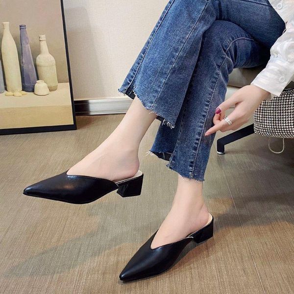 

slippers women pointed high heels summer shoes fashion luxury thin slides slip loafers mules black female party