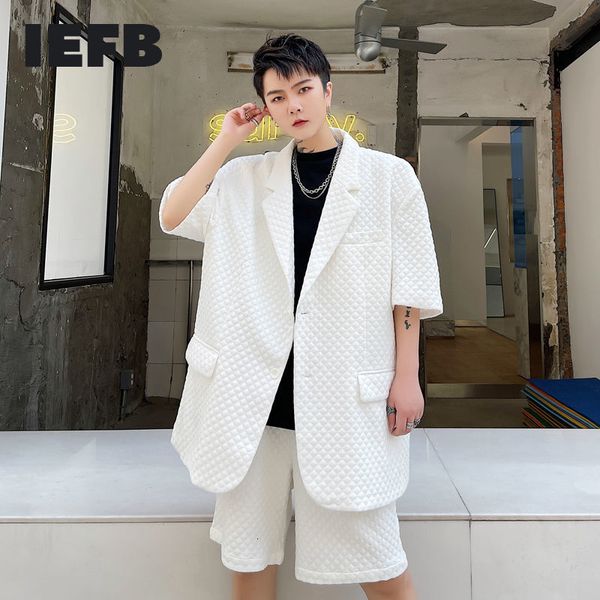 

iefb summer solid color men's blazer diamond embossed male short sleeve suit coat loose causal korean big size man clothing 210524, White;black