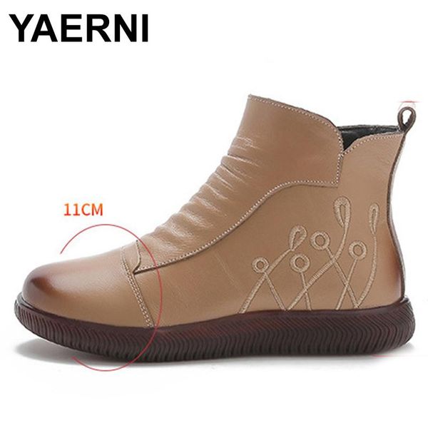 

boots yaerni autumn vintage handmade genuine leather ankle for women2021 winter elegant embroidery warm plush ladies short, Black