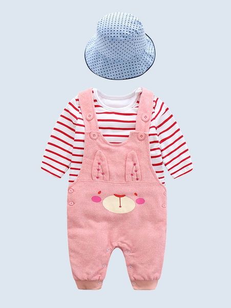 

baby striped tee & cartoon graphic 3d patched jumpsuit & hat she, White