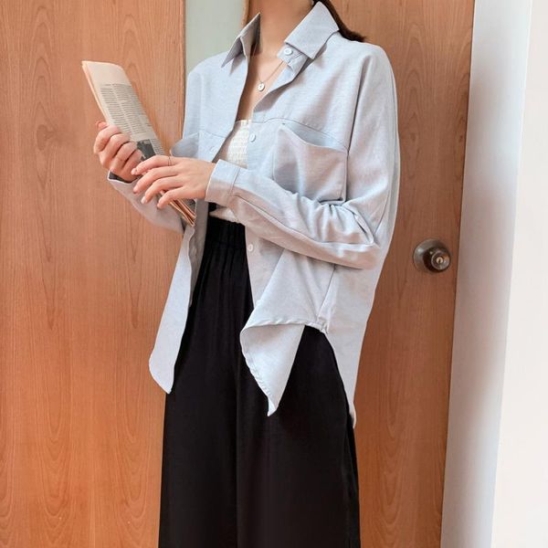 

women's blouses & shirts deat 2021 spring summer fashion casual loose turn-down collar long sleeve solid patchwork single-breasted shir, White