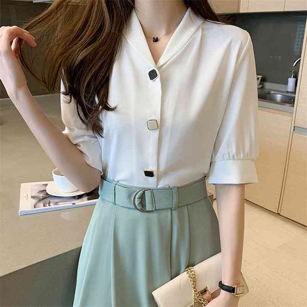 Koreanische Mode Weiß All-match Damen Blusen Chiffon Frauen Halbarm Shirts Sommer Damen Tops 210507