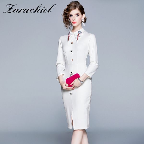 

autumn beading lapel collar vintage button split vestidos winter wrist sleeve knee-length bodycon pencil office work dress 210416, Black;gray